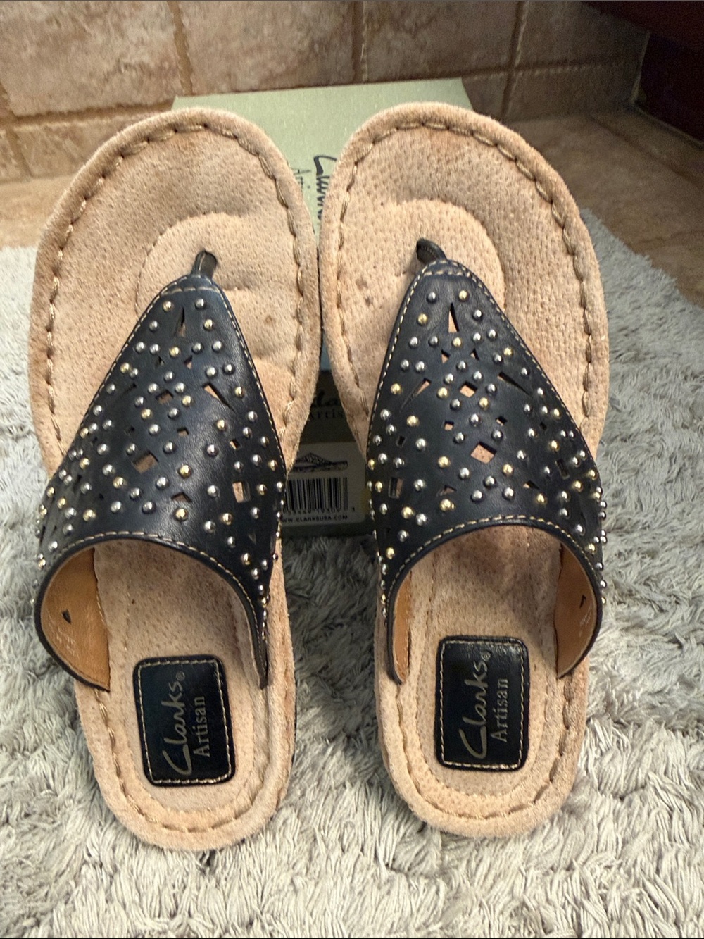 Clarks Black Studded Leather Slide Sandals